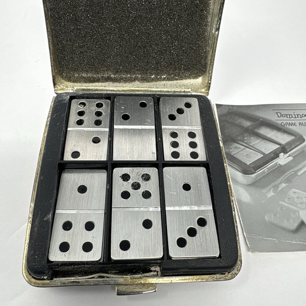 Vintage Travel Pocket Dominoes Set Metal Case Complete w/ Rules Compact Game